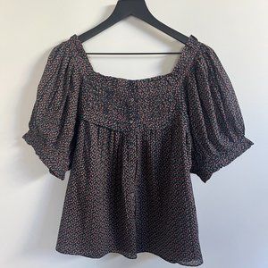 Doen Farley Top Puff Sleeve Square Neck Navy Bisou Floral Size L